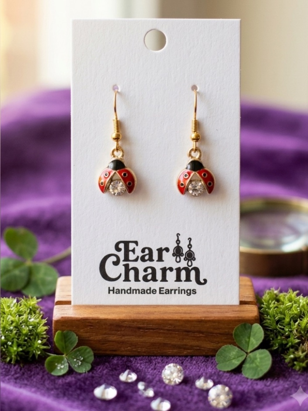 New - Red Ladybug Dangle Earrings with Rhinestone Accent